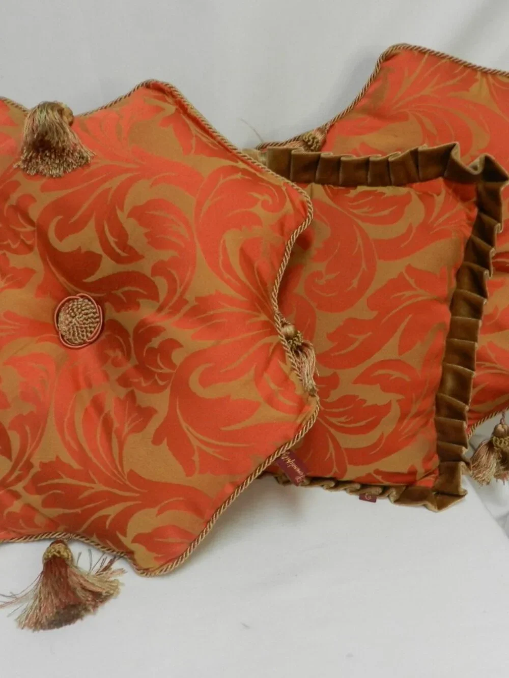Serendipity Demask Throw Pillow Set 3 w/ tassels orange brown velvet back Decor